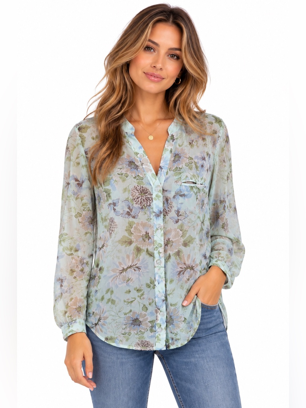 KUT From The Kloth Floral Chiffon Blouse Sheer Mint Blue Size L